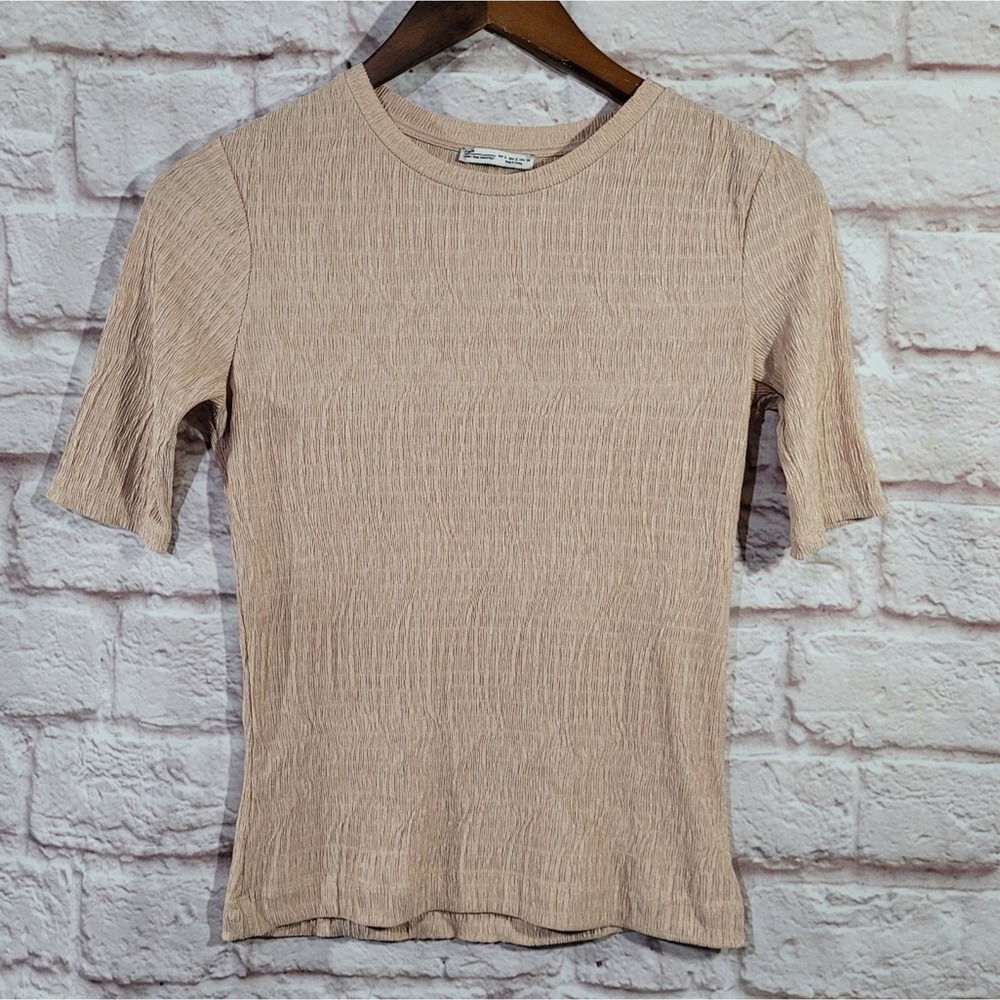 Zara Blush Pink Elbow Sleeve Stretchy Mini Pleated Blouse